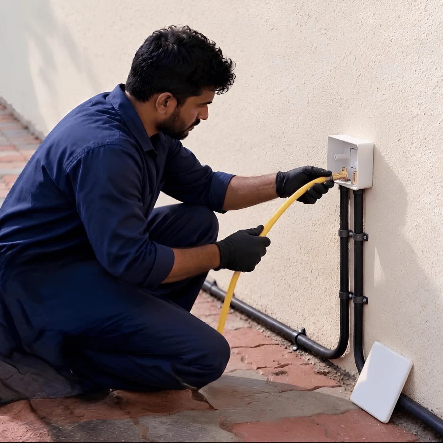 Technician injecting termiticide through a wall junction box